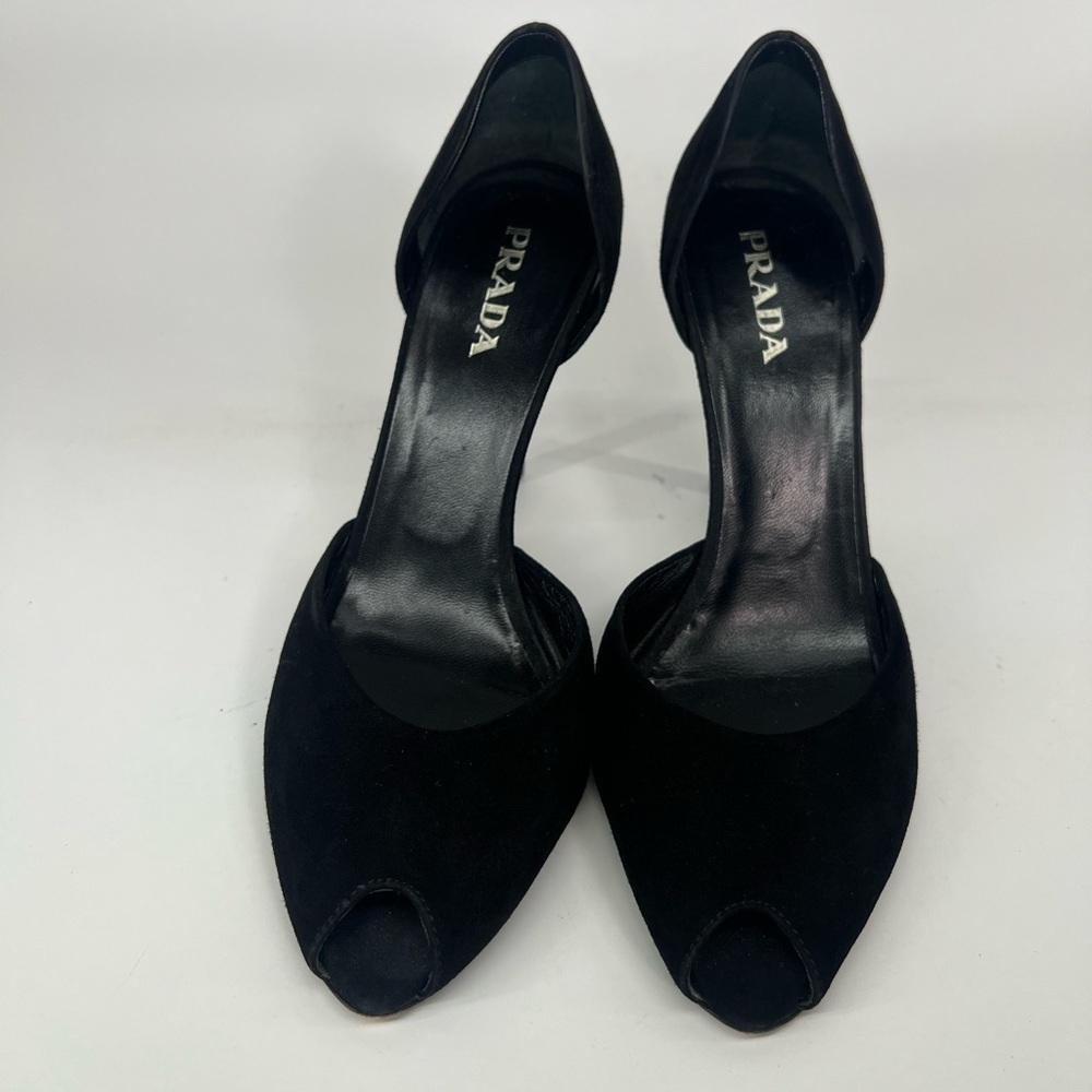 Prada black suede peeptoe stiletto pumps D’Orsay style size 39 US 9 Nine 4” heel - Picture 2 of 10